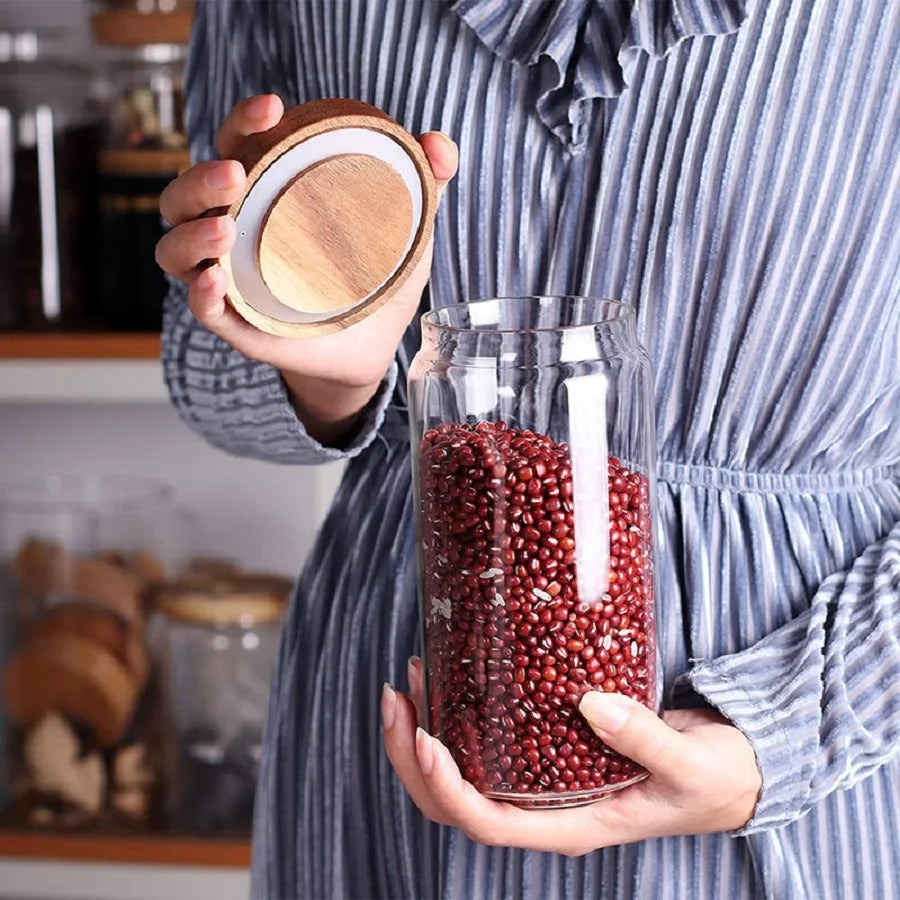 1 PC Small Glass Storage Jars with Airtight Lids,  coffee container with Wooden Lid, Glass Pantry Canister for Beans, Rice,Sugar